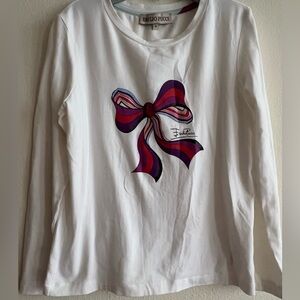 Emilio Pucci Kids Size 8 Girl White Long Sleeve Tee with Colorful Bow